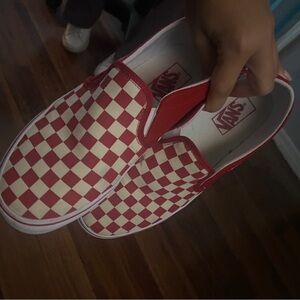 Red checkered slip on vans